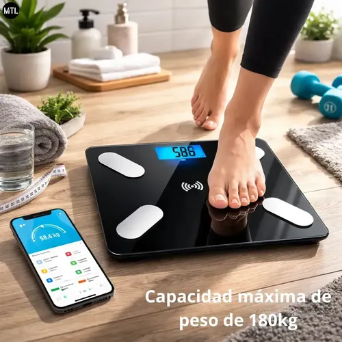 Balanza Digital Baño Bluetooth 180kg Vidrio Encendido Autom.