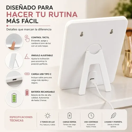 Espejo Grande Maquillaje Luz Led 3 Tonos Táctil