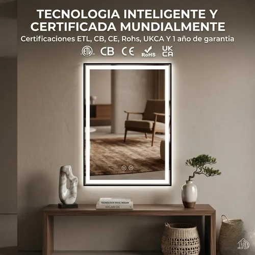 Espejo Rectangular Baño 60×80 Led Desempañante Tactil