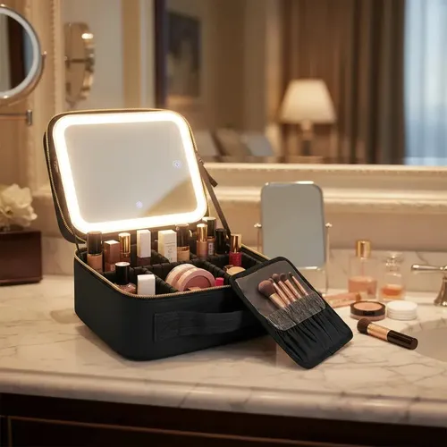 Estuche Porta Cosmetico Negro Espejo Led Neceser Maquillaje Impermeable Veoquiero