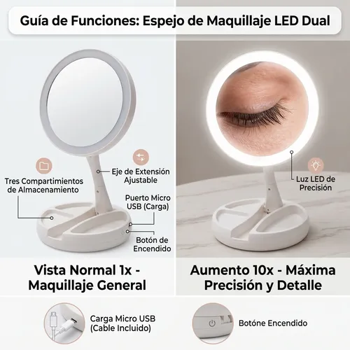 Espejo Doble Cara Luz Led Maquillaje Articulado Aumento Base