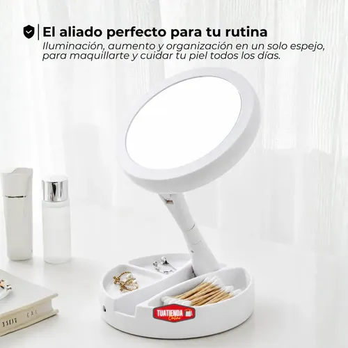 Espejo Aumento Doble Con Luz Led Fría Maquillaje Plegable Usb Pilas