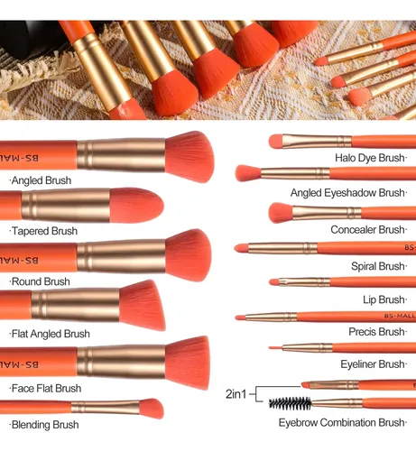 Set De Brochas Para Maquillaje Bs-mall 14 Unidades Naranja