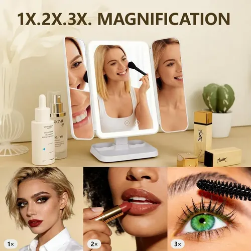 Espejo Maquillaje Plegable Led Con Aumento 1x/2x/3x,3 Modos