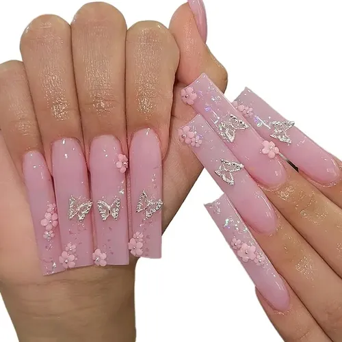 Dos Cajas De Uñas Postizas Largas De Mariposa Rosa.