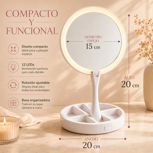 Espejo De Maquillaje Led Redondo Con Base Organizadora Luz