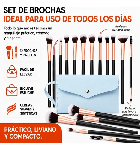 Set 12 Brochas Y Pinceles Para Maquillaje + Estuche Colores