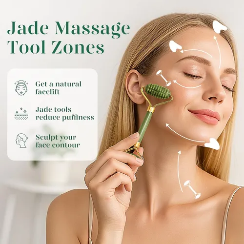 Kit Masajeador Facial Baimei Rodillo Y Gua Sha Verde