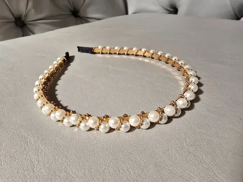 Vincha Pelo Fiesta Novia Tiara Perlas Strass Dorado Plateado Color Perlas Torzada Mostacillas Doradas
