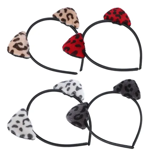 Set De 4 Diademas Con Orejas De Gato Y Estampado De Leopardo Leopard Print (red, Black, White)