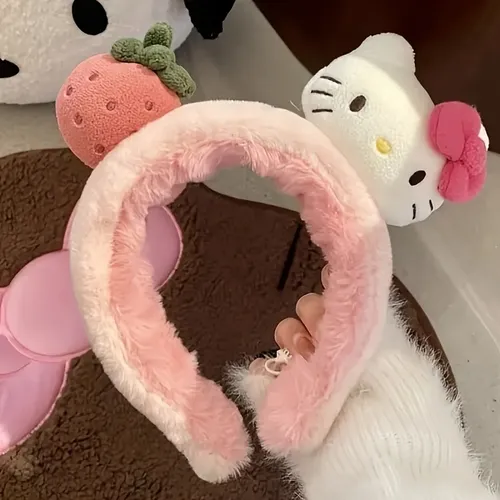 Diadema Alta De Gatito Adorable Con Fresa  Rosa Y Blanco