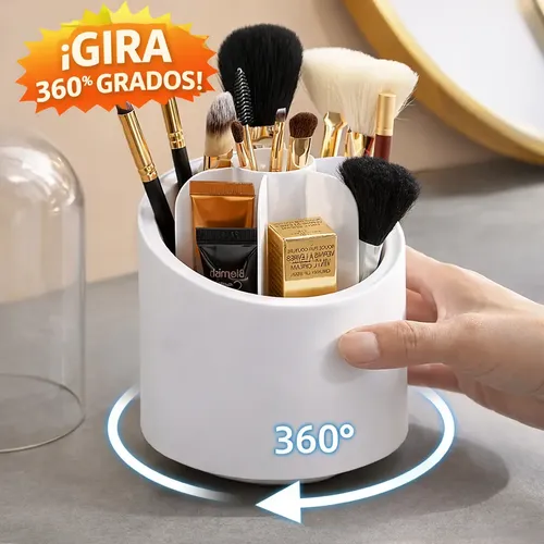 Set Organizador De Maquillaje 360 Y Porta Brochas Blanco